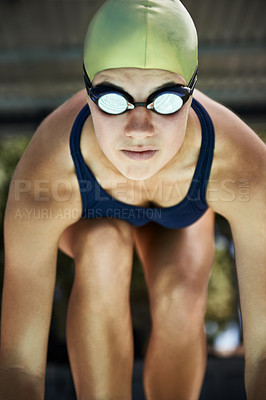 Buy stock photo Woman, swimmer and sports starting block for dive or exercise stroke for pool training, champion or performance. Female person, goggles and professional for workout endurance, cardio or preparation