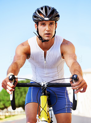 Buy stock photo Man, bicycle and road sports training for performance endurance, fitness or transportation. Male person, cyclist and practice workout for triathlon commitment for speed exercise, health or outdoor