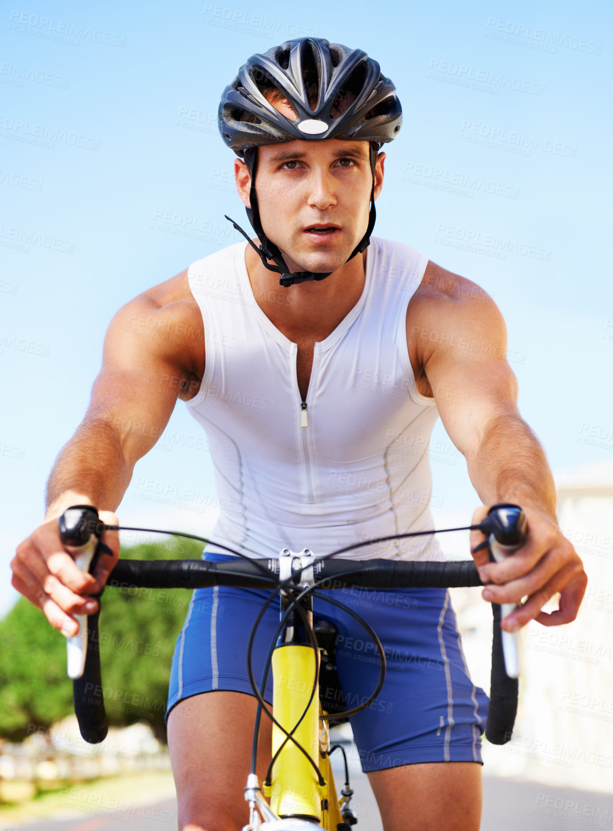 Buy stock photo Man, bicycle and road sports training for performance endurance, fitness or transportation. Male person, cyclist and practice workout for triathlon commitment for speed exercise, health or outdoor