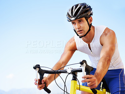 Buy stock photo Man, bicycle and road sports challenge for performance endurance, fitness or transportation. Male person, cyclist and practice workout for triathlon commitment for speed exercise, health or outdoor