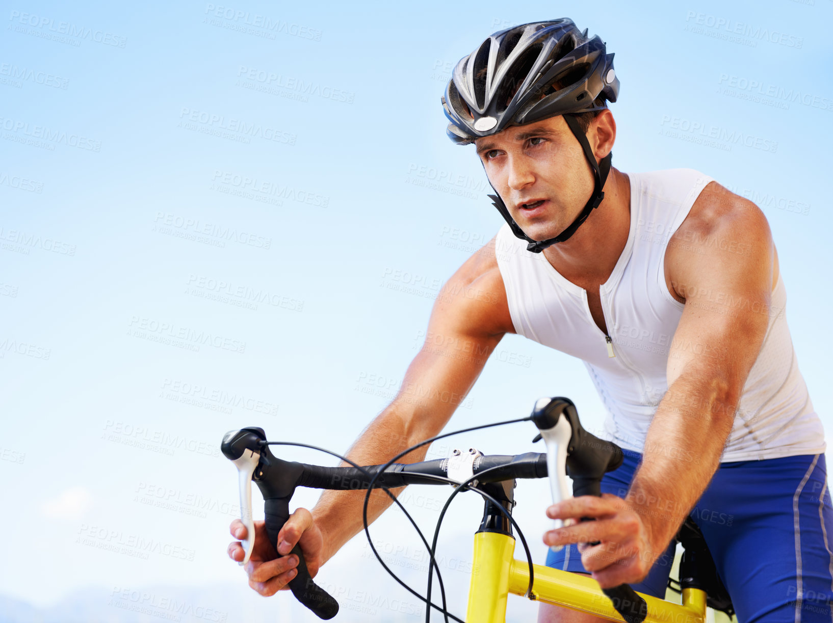 Buy stock photo Man, bicycle and road sports challenge for performance endurance, fitness or transportation. Male person, cyclist and practice workout for triathlon commitment for speed exercise, health or outdoor