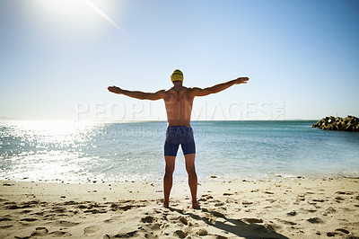 Buy stock photo Ocean, beach and sports man for swimming exercise, nature workout or outdoor practice in water, sea or tropical island. Freedom, wellness and back of swimmer for challenge, fitness or summer cardio