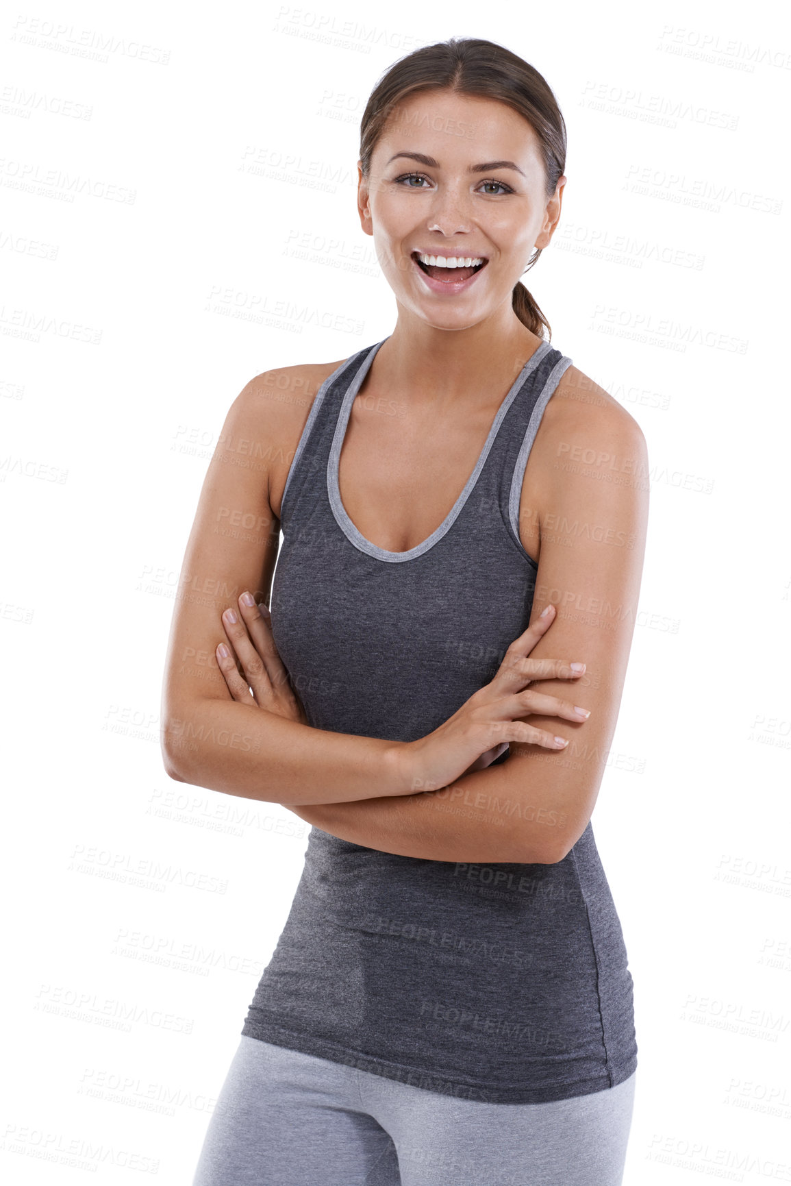 Buy stock photo Fitness, crossed arms and portrait of woman in a studio for pilates workout or exercise for body weight loss. Happy, sports and young female athlete person with training isolated by white background.