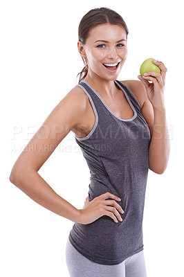 Buy stock photo Happy woman, portrait and apple for weight loss, diet or natural nutrition on a white studio background. Female person or model smile with green organic fruit for healthy snack, detox or vitamin C