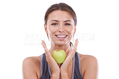 Buy stock photo Studio, woman and apple in portrait for nutrition, fitness and healthy food with vitamins for detox. Young model, happiness and face in mockup for organic fruit, ripe and  fibre by white background