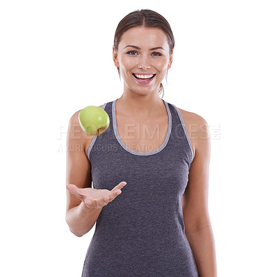 Buy stock photo Studio, model and apple in portrait for detox, fitness and healthy food with vitamins for nutrition. Young woman, happiness and face in mockup for organic fruit, ripe and  fibre by white background