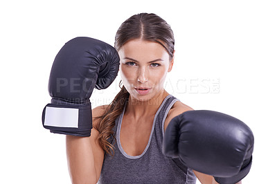 Buy stock photo Sports, boxing gloves and young woman in studio for exercise or arm muscle training. Fitness, health and portrait of female boxer athlete with equipment for intense cardio workout by white background