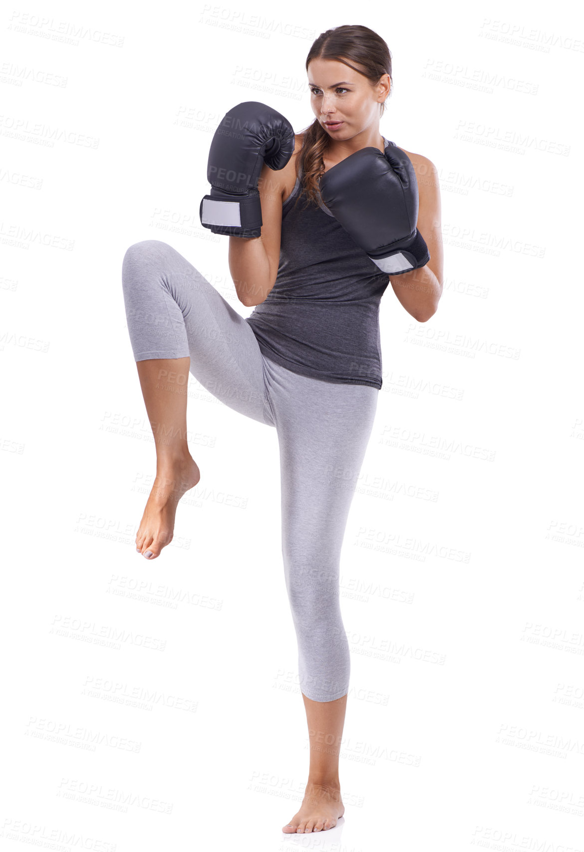 Buy stock photo Woman, fitness and training with boxing gloves for self defense of kickboxer on a white studio background. Female person, fighter or model in stance ready for workout, exercise or practice on mockup