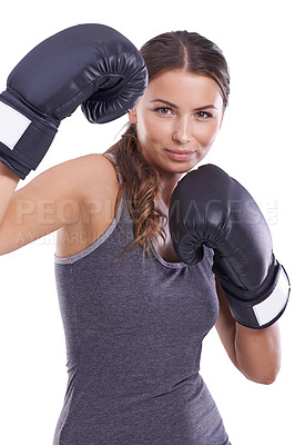 Buy stock photo Sports, boxing gloves and portrait of woman boxer in studio for exercise or arm muscle training. Fitness, health and young female athlete with equipment for intense cardio workout by white background