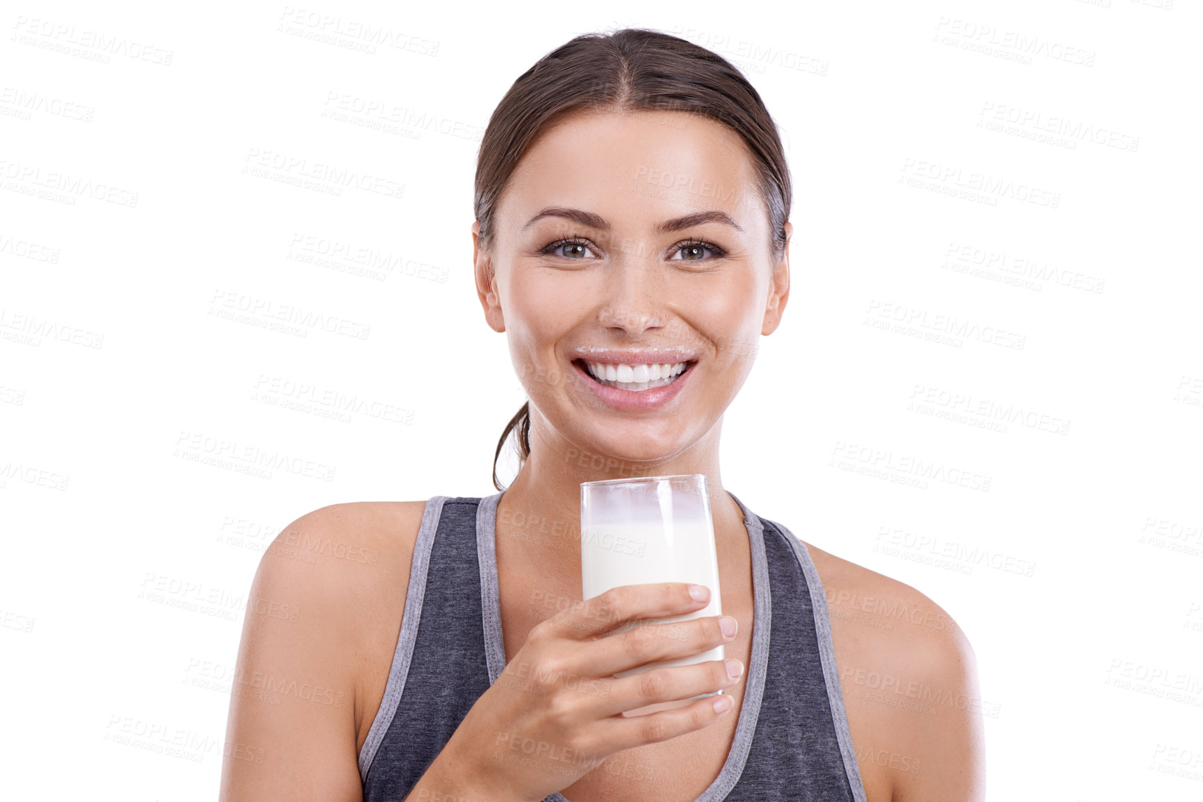 Buy stock photo Woman, portrait and glass of milk in studio for wellness, calcium and bone health with happiness or mockup space. Athlete, person or face with smile for nutrition or dairy product on white background