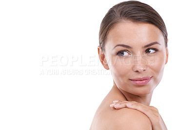 Buy stock photo Woman, hands and wellness with beauty, skincare and cosmetics with mock up space and face. Skin, female person and glow in white background studio with model for cosmetology, touch and dermatology