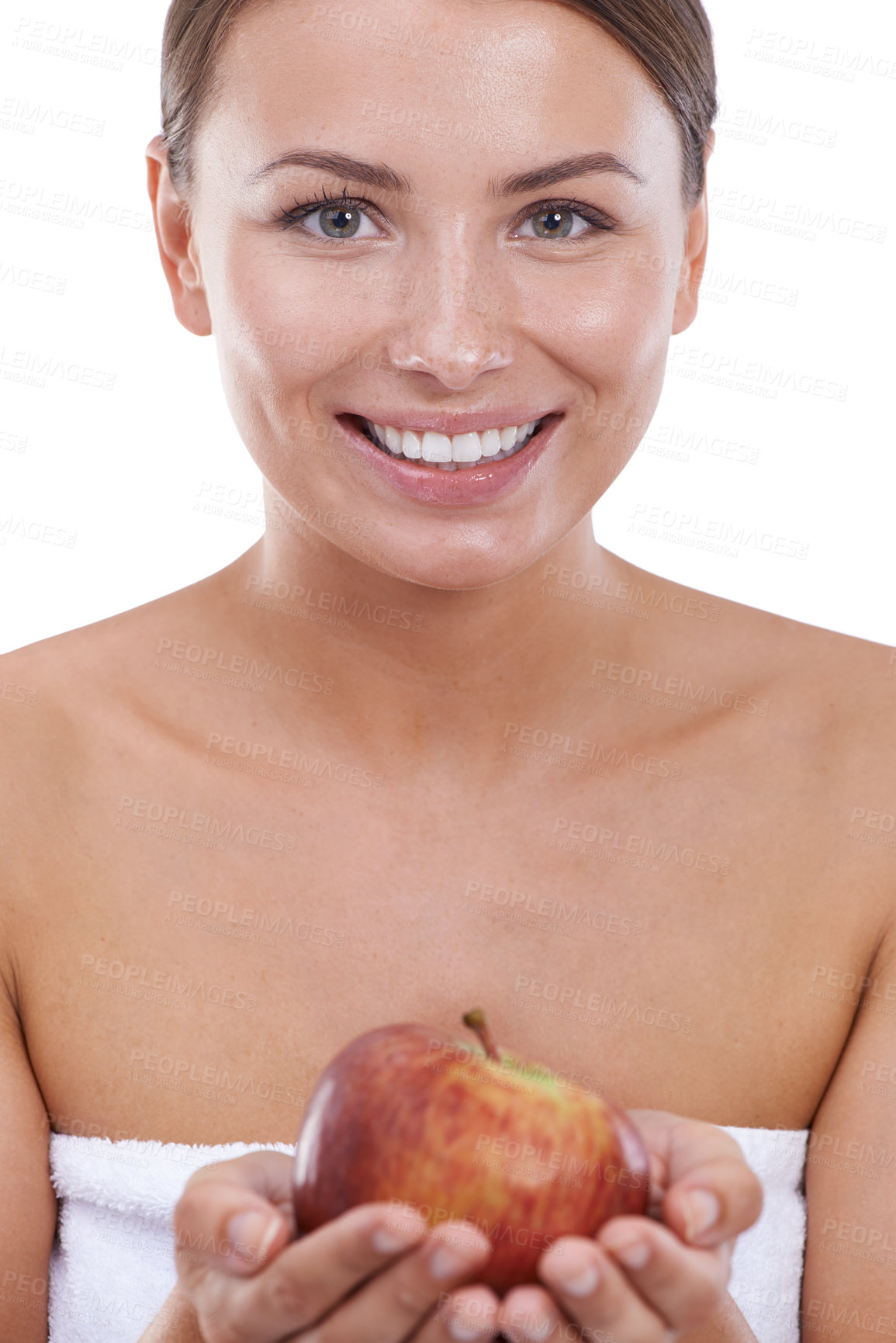 Buy stock photo Happy woman, portrait and apple for nutrition, diet or healthy snack on a white studio background. Face of female person or model smile with natural organic red fruit for detox, health and wellness