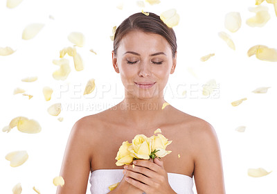 Buy stock photo Woman, flowers and eyes closed with beauty, skincare and cosmetics with close up, roses and female person. Skin, wellness and glowing face with white studio background, model and cosmetic dermatology