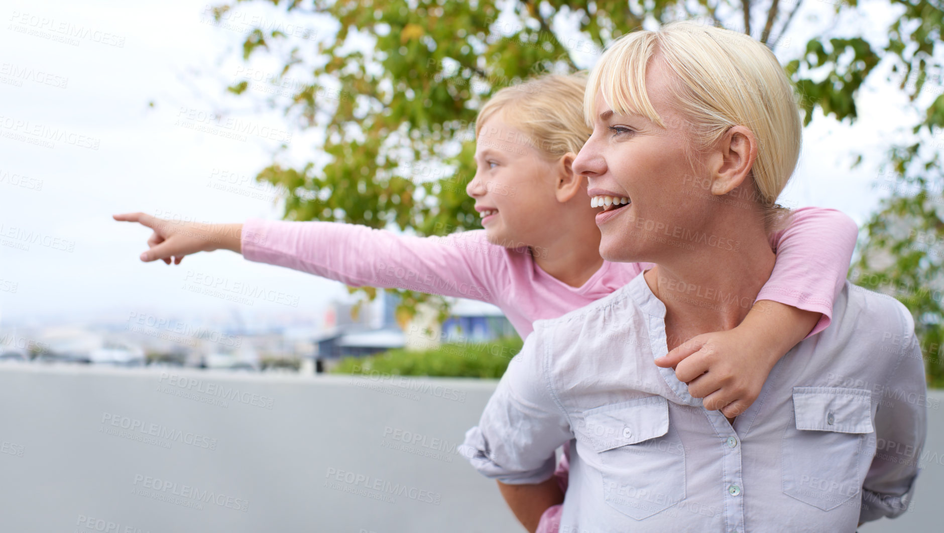 Buy stock photo Piggy back, mother and daughter pointing outside with bonding, happiness and care with rooftop view. Smile, love and outdoor fun, mom and kid checking direction together with trust, support and play