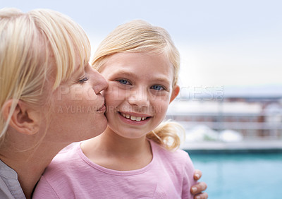 Buy stock photo Portrait, kiss and mother with daughter outside for bonding, happiness and care on holiday. Smile, love and outdoor embrace, mom and kid together with trust, support and gratitude on mothers day.