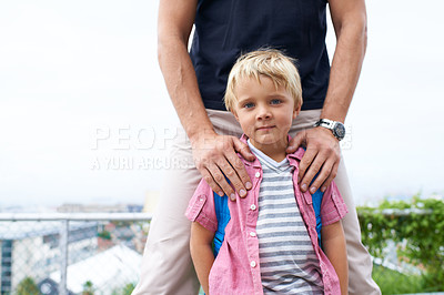 Buy stock photo Back to school, portrait and dad care for child ready with backpack in morning on academy campus. Father, love and support kid outdoor at start of learning in education for development and growth