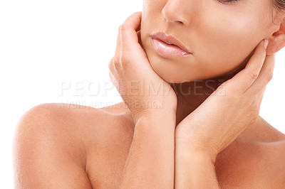 Buy stock photo Makeup, beauty and skin of a woman with hands and mouth isolated on a white background for skincare. Young model in studio for glow on facial skin, spa treatment and body wellness with cosmetics