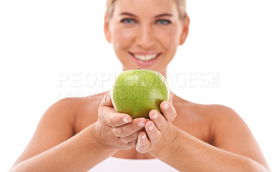 Buy stock photo Apple, health and portrait of woman show fruit product to lose weight, diet or body detox for wellness lifestyle. Healthcare model, nutritionist food and healthy vegan girl on white background studio