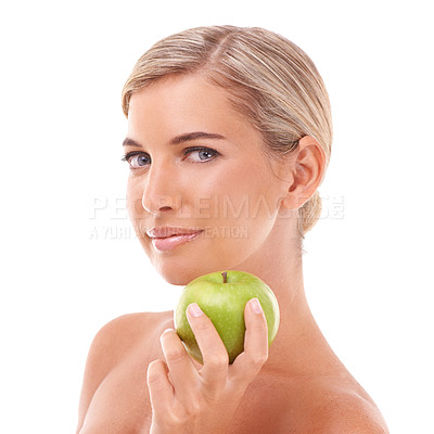 Buy stock photo Apple, health and face portrait of woman with fruit product to lose weight, diet or body detox for wellness lifestyle. Healthcare model, nutritionist food and vegan girl on white background studio