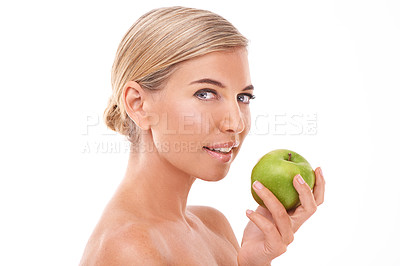 Buy stock photo Apple, healthcare and face portrait of woman with fruit product to lose weight, diet or body detox for wellness lifestyle. Health model, nutritionist food and vegan girl on white background studio