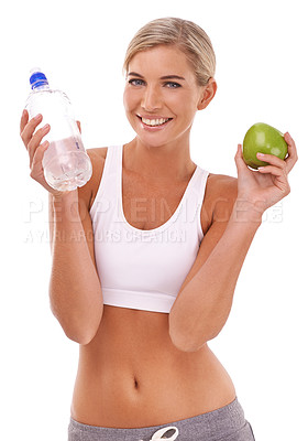 Buy stock photo Apple, water and health portrait of woman with fruit product to lose weight, diet or body detox for wellness lifestyle. Hydration bottle, nutritionist food and fitness girl on white background studio