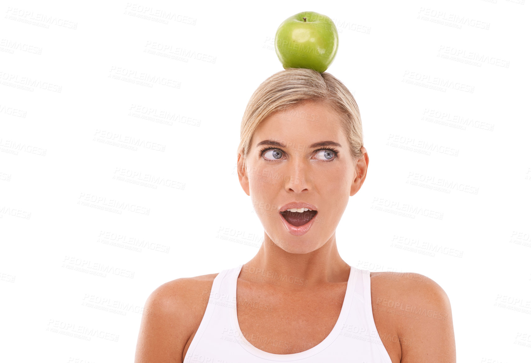 Buy stock photo Woman, wow and apple on head in studio for wellness, diet and balance by white background. Isolated model, fruit and surprise expression face for vitamin c, natural nutrition and healthy organic food