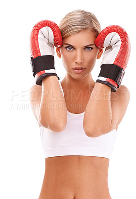 Buy stock photo Portrait, boxer or sports woman in fitness training, workout or exercise in studio with motivation, pride or focus. Face, mindset or healthy girl athlete in fighting or boxing gloves for self defense