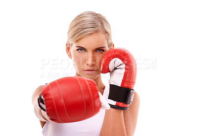 Buy stock photo Portrait, woman and boxer training, match and fitness for competition, workout or girl isolated on white studio background. Female athlete, fighter and lady with boxing gloves, practice or tournament