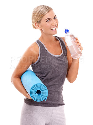 Buy stock photo Yoga, mat and portrait of woman with water bottle for body care hydration, fitness exercise or pilates studio workout. Healthcare wellness, training and health girl drinking water on white background