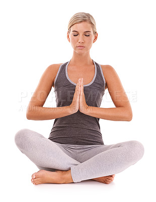 Buy stock photo Yoga meditation, wellness and relax woman meditate for pilates healthcare, spiritual soul aura or chakra energy healing. Namaste, zen mindset peace and model mindfulness on white background studio