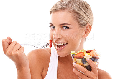 Buy stock photo Diet, fruit and portrait of woman with salad, eating healthy and happy isolated on white background. Health, fruit salad and nutrition, beautiful happy woman with fruit and nutritional food in studio