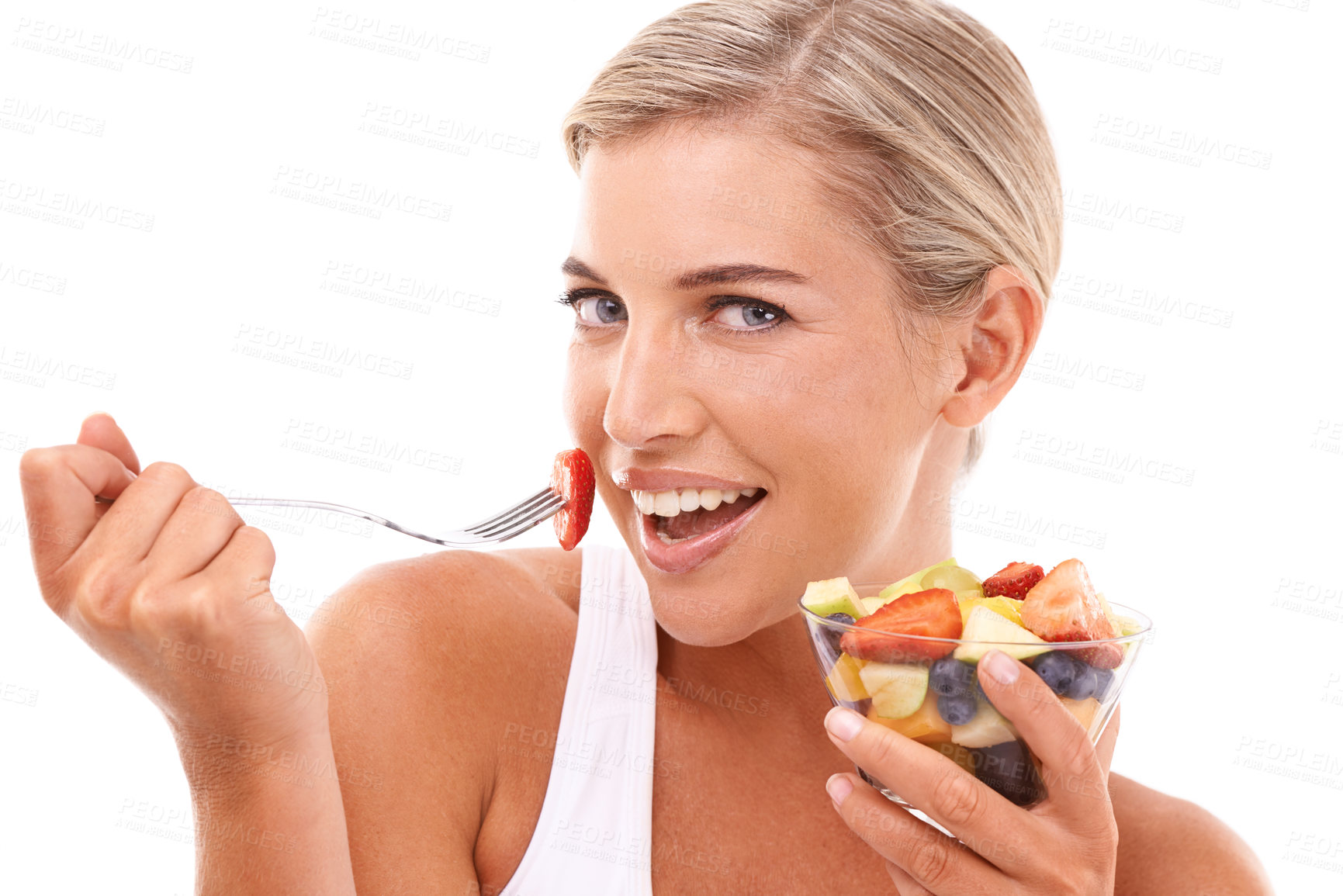 Buy stock photo Diet, fruit and portrait of woman with salad, eating healthy and happy isolated on white background. Health, fruit salad and nutrition, beautiful happy woman with fruit and nutritional food in studio