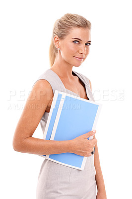 Buy stock photo Portrait, business and woman with folder, white background or documents. Female corporate worker, employee and paperwork report in studio of receptionist, professional entrepreneur or secretary staff