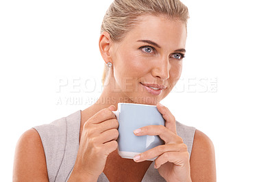 Buy stock photo Coffee drink, studio and face of woman with tea for stress relief, work break or relax with warm liquid beverage. Hydration, wellness and business employee girl with hot chocolate on white background