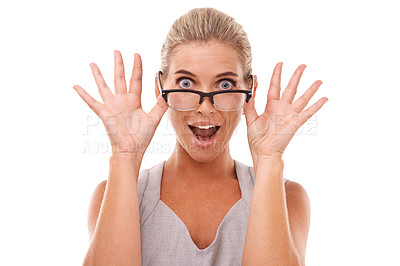 Buy stock photo Shock, surprise and portrait of a woman with glasses in a studio with a omg, wow or wtf facial expression. Shocked, excited and smart female model from Australia with spectacles by a white background