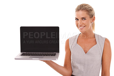 Buy stock photo Portrait, businesswoman and laptop with mockup in studio, isolated or white background of advertising space. Happy worker, female model and computer technology, website and digital marketing platform