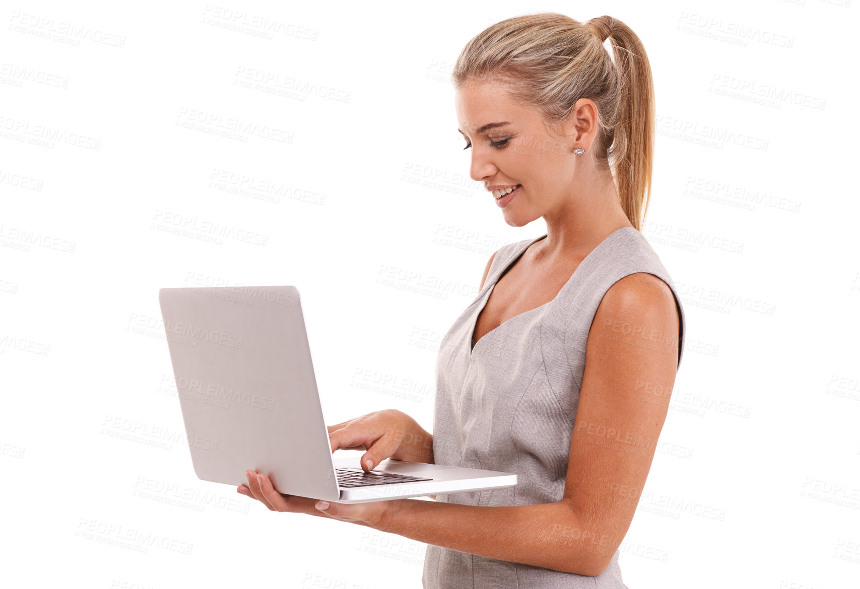 Buy stock photo Laptop, typing and profile of business woman review financial portfolio, stock market or online investment. Economy, bitcoin mining or trader trading crypto, forex or nft on white background studio