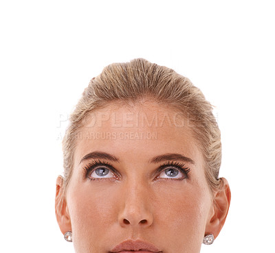 Buy stock photo Mockup, thinking and up with a woman in studio on a white background for an advertising or marketing idea. Beauty, mock up and think with an attractive young female looking at product placement space