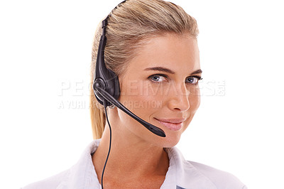 Buy stock photo Customer support communication, face portrait and woman talk on contact us CRM, telemarketing or call center. Telecom microphone, customer service and consultant consulting on white background studio