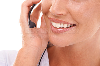 Buy stock photo Customer support communication, mouth and woman consulting on contact us CRM, telemarketing or call center. Telecom microphone, customer service or happy consultant talking on white background studio