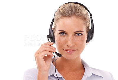 Buy stock photo Customer service communication, face portrait and woman talk on contact us CRM, telemarketing or call center. Telecom microphone, customer support and consultant consulting on white background studio