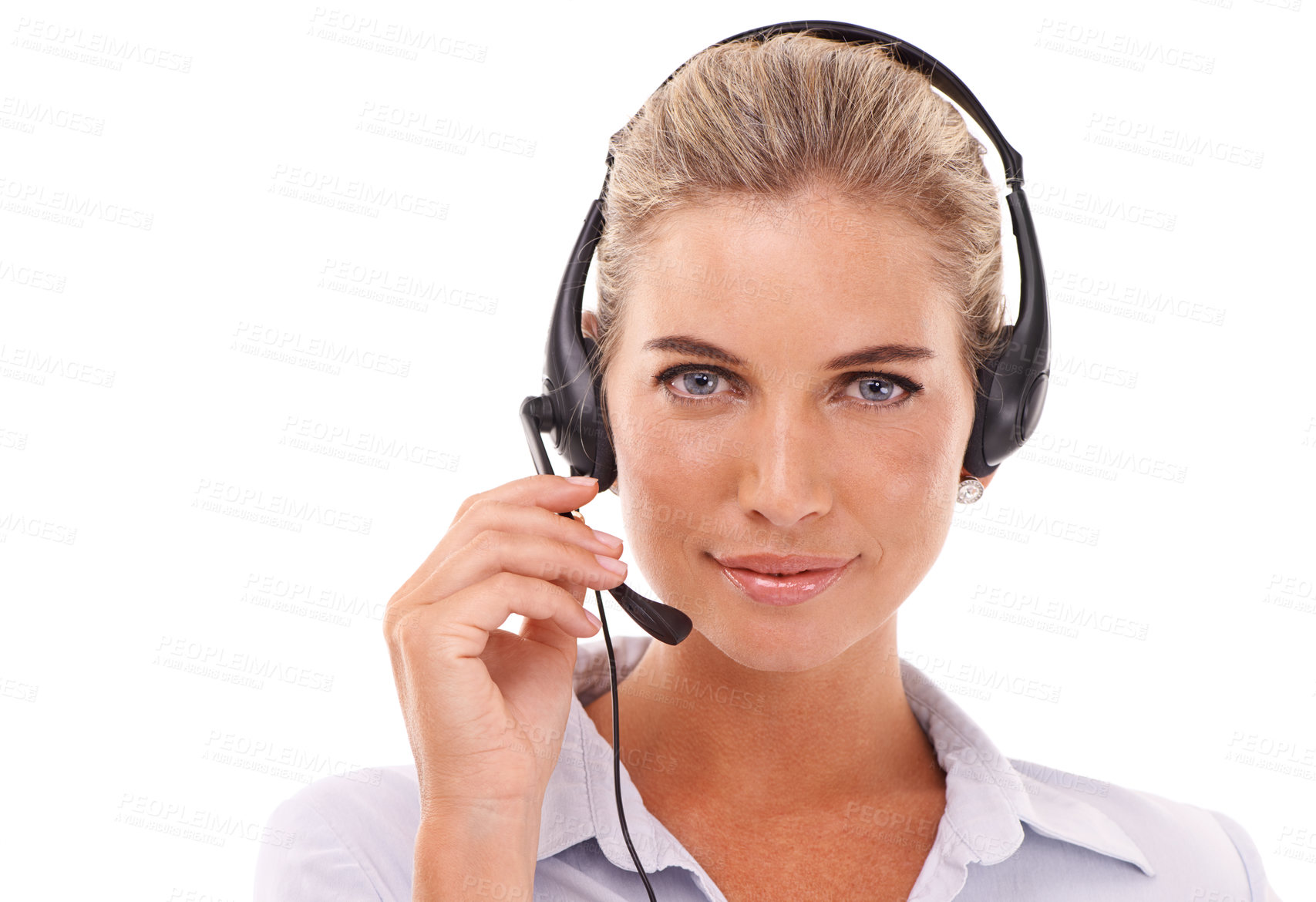 Buy stock photo Customer service communication, face portrait and woman talk on contact us CRM, telemarketing or call center. Telecom microphone, customer support and consultant consulting on white background studio
