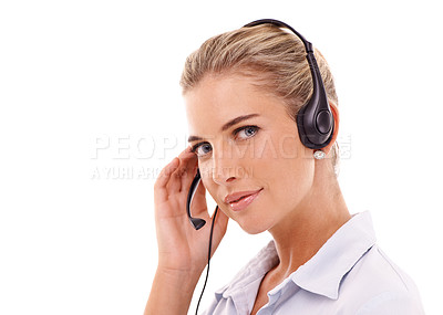 Buy stock photo Telemarketing communication, face portrait or woman consulting on contact us CRM, customer support or call center. Telecom microphone, customer service mockup or consultant on white background studio