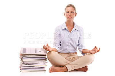 Buy stock photo Yoga, documents and business woman meditation for work stress relief, mental health peace or chakra energy healing. Paperwork pile, relax zen mindset and mindfulness girl meditate on white background