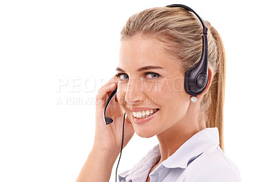 Buy stock photo Call center smile, face portrait and woman consulting on contact us CRM, customer support or telemarketing mockup. Telecom microphone, customer service communication or consultant on white background