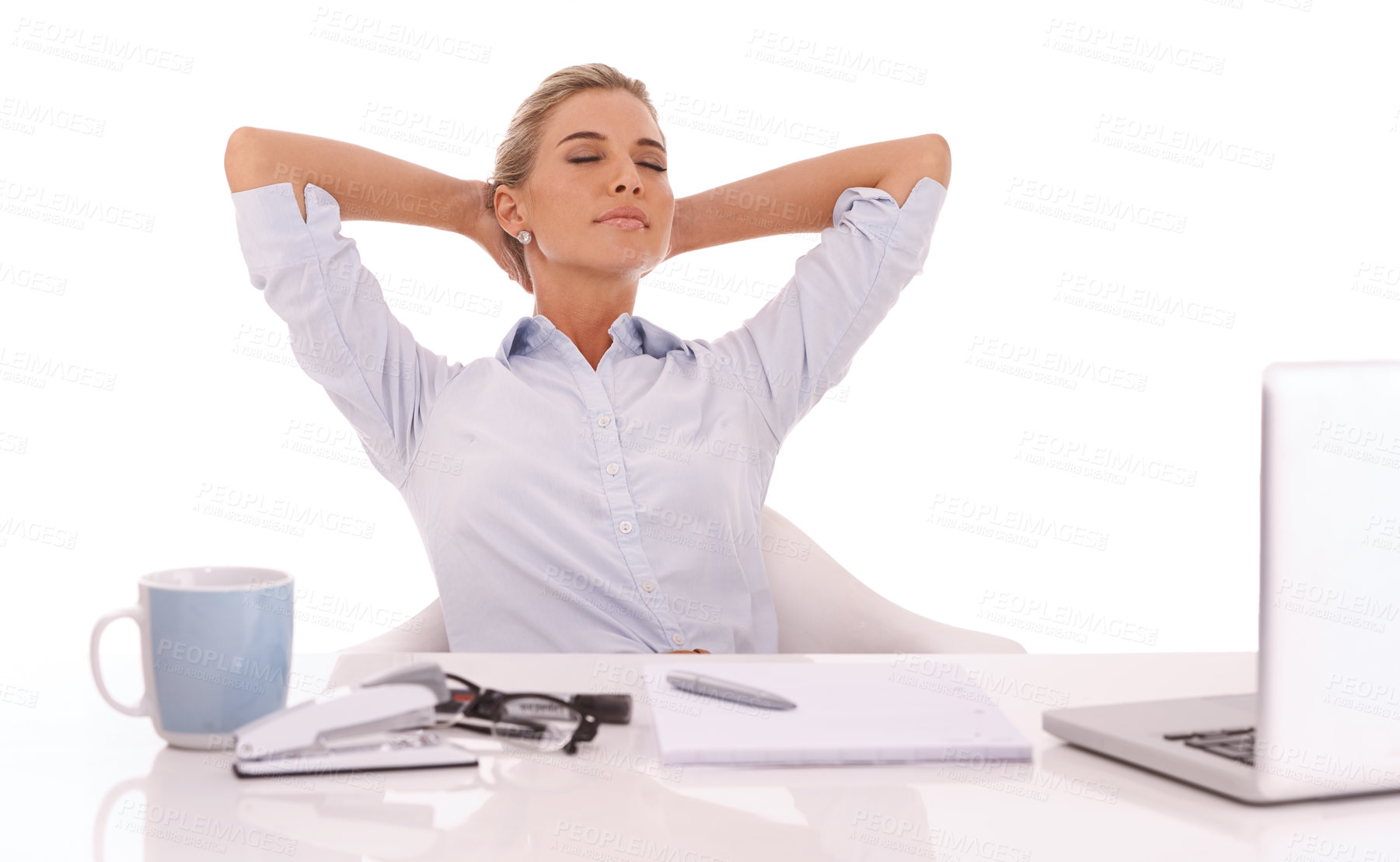 Buy stock photo Corporate, working and relax with a business woman in studio on a white background sitting hands behind head. Laptop, success and coffee with a female employee feeling relaxed at her work desk