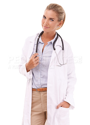 Buy stock photo Doctor, healthcare and portrait of woman in studio isolated on a white background. Face, wellness and smile of happy, confident and proud female medical professional, worker or physician from Canada.