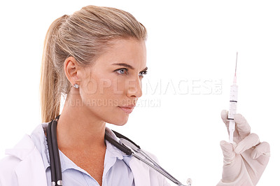 Buy stock photo Doctor, serious face and syringe thinking for healthcare wellness, vitamins or medical drugs in white background. Nurse, pharmaceutical medicine and injection for plastic surgery isolated in studio