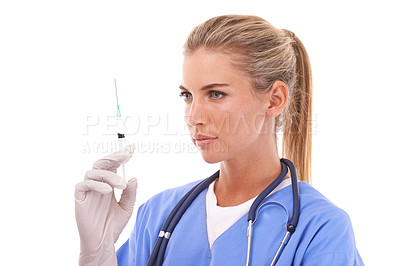 Buy stock photo Vaccine, healthcare and doctor with a syringe for medicine on a white background in studio. Nurse, medical and surgeon with a covid injection for a virus, disease or illness on a studio background