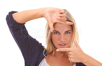 Buy stock photo Portrait, hands and finger frame with a woman in studio on a white background framing her face. Beauty, fingers and photography with an attractive young female posing for skincare or wellness